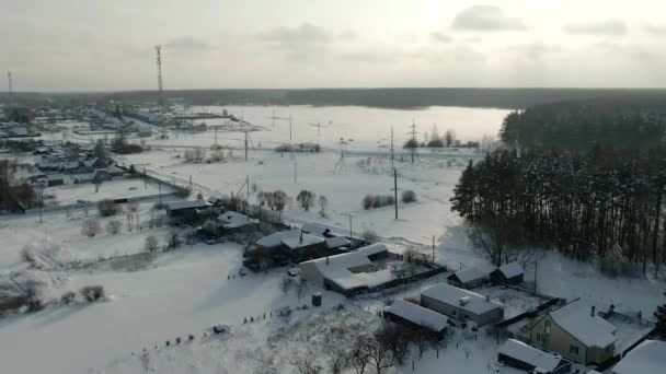 Aerial view: Winter landscape countryside with snow, forest, field. Feld, forest, trees covered with frost snow, Aerial footage. Winter country landscape — Stock Video
