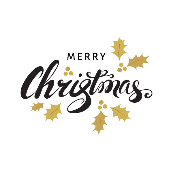 Feliz tarjeta de Navidad con letras de mano y ramitas de oro de h — Vector de stock