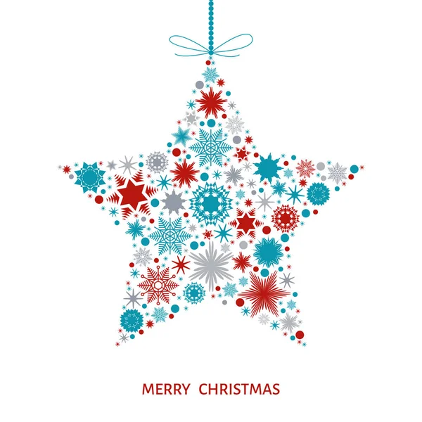 Noel kartı ile kırmızı, mavi ve gri kar taneleri ile yıldız. — Stok Vektör