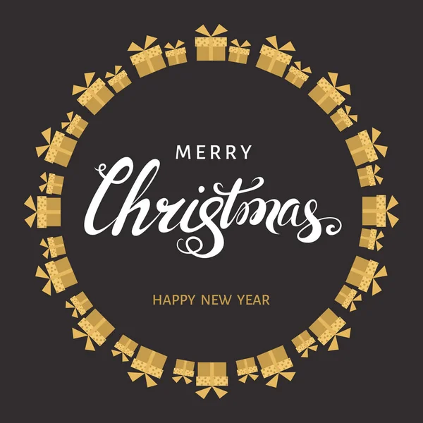 Letras de Navidad con cajas de regalo de oro en negro backgr — Vector de stock