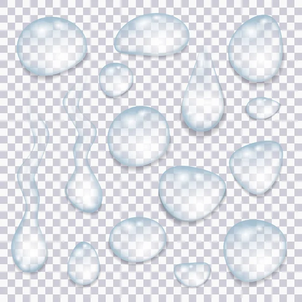 Uppsättning av transparent blå droppar vatten. — Stock vektor
