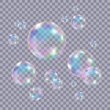 Gerçekçi şeffaf renkli sabun köpüğü kümesi.