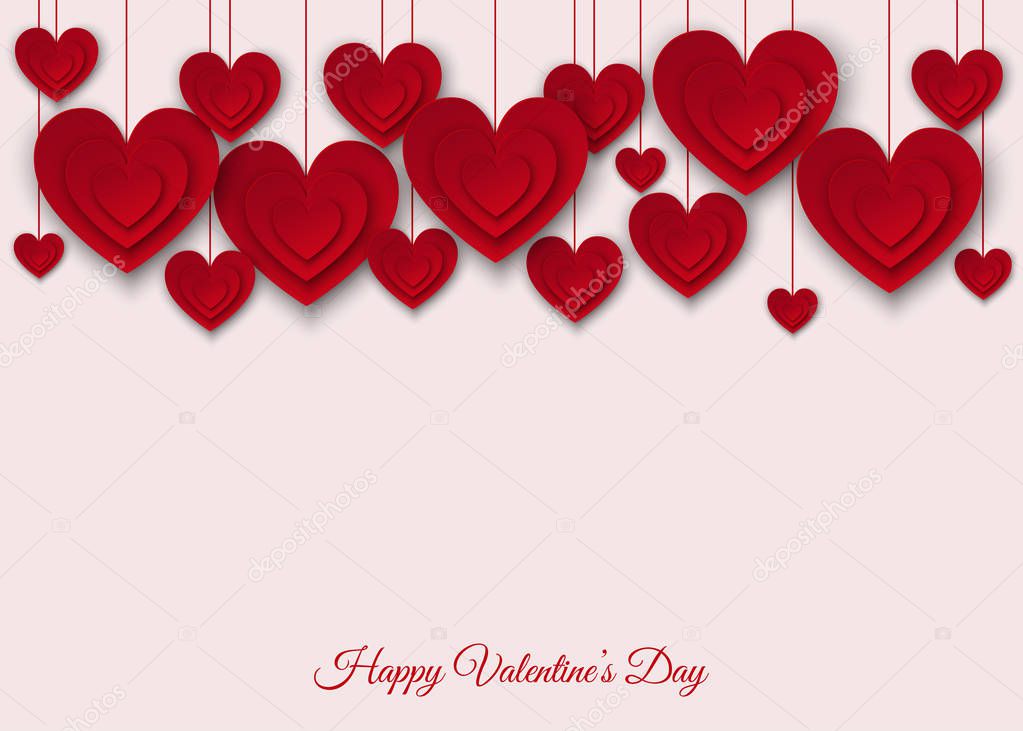 Valentines day  background with red  cut paper hearts.