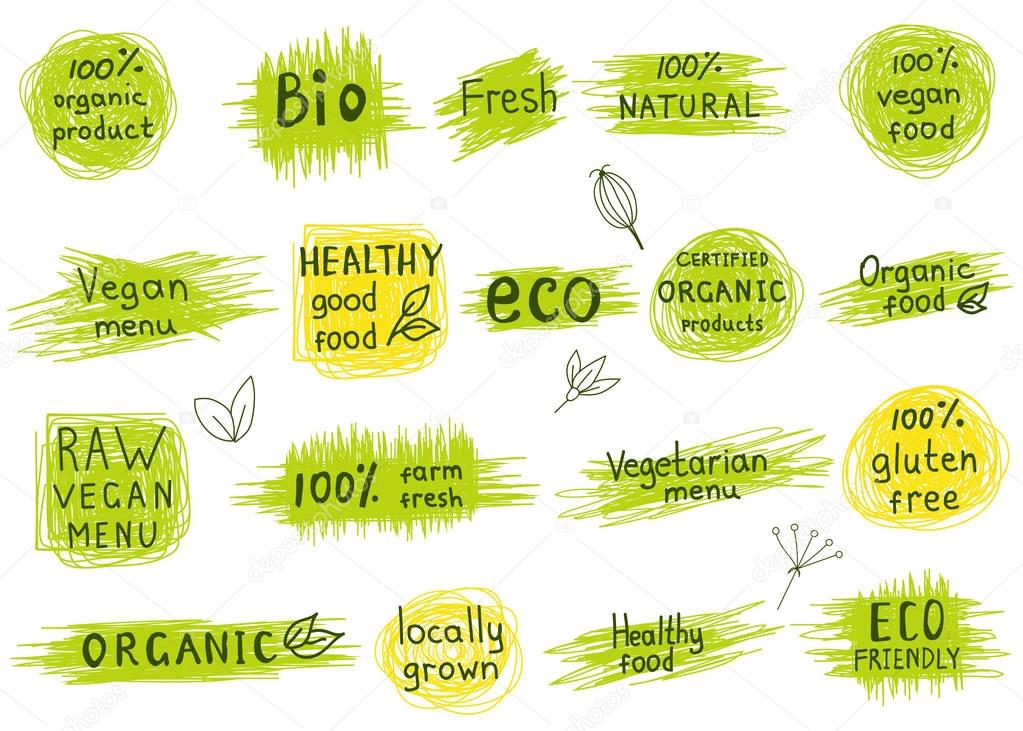 Set  of  organic, natural, bio, eco, healthy food labels.