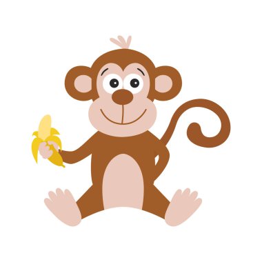 Sevimli çizgi maymun beyaz zemin üzerine muz ile. 