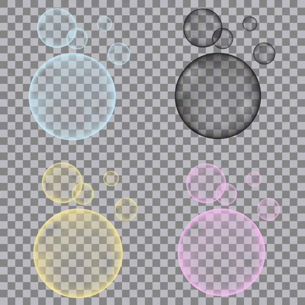 Fizzy blue, yellow, pink,  black bubbles on transparent backgro — Stock Vector