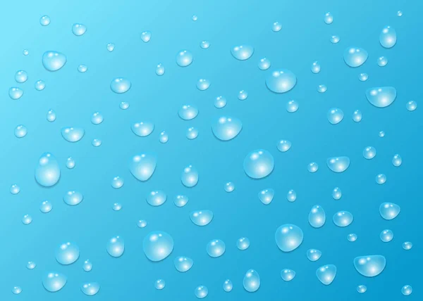 Droppar av rent klart vatten isolerad på en blå bakgrund. — Stock vektor