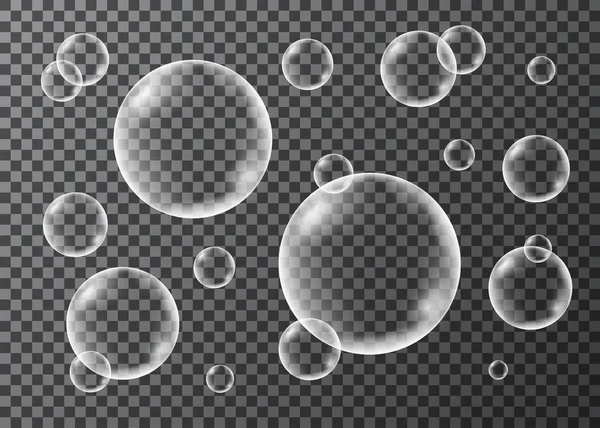 Conjunto de burbujas realistas transparentes de jabón, oxígeno o agua . — Vector de stock