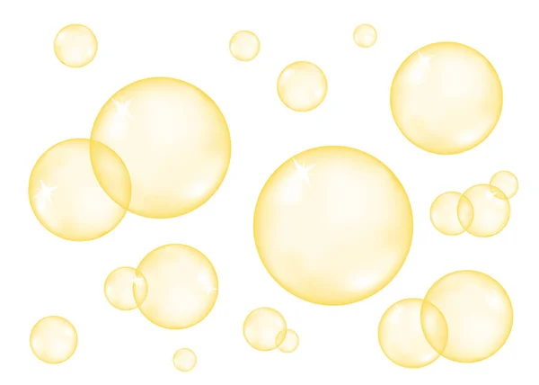 Set of realistic transparent  glossy gold  bubbles. — Stock Vector