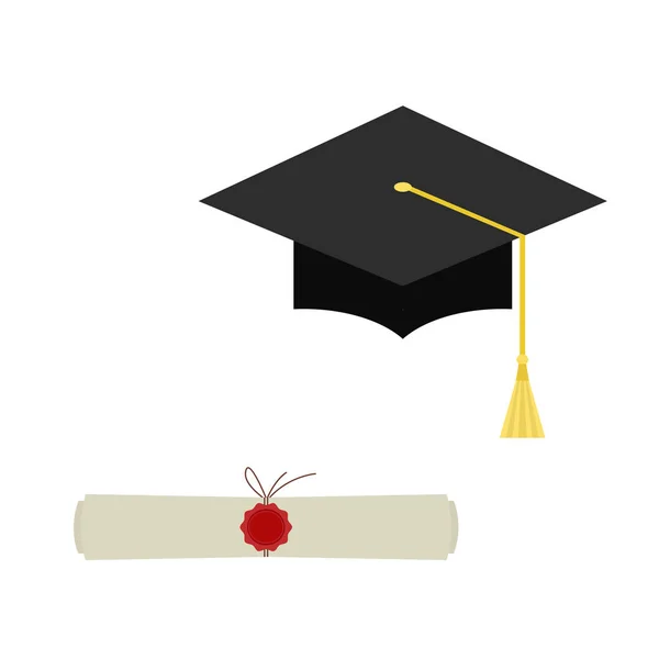 Tapa de graduación negro y el icono web de desplazamiento diploma aislado en — Archivo Imágenes Vectoriales