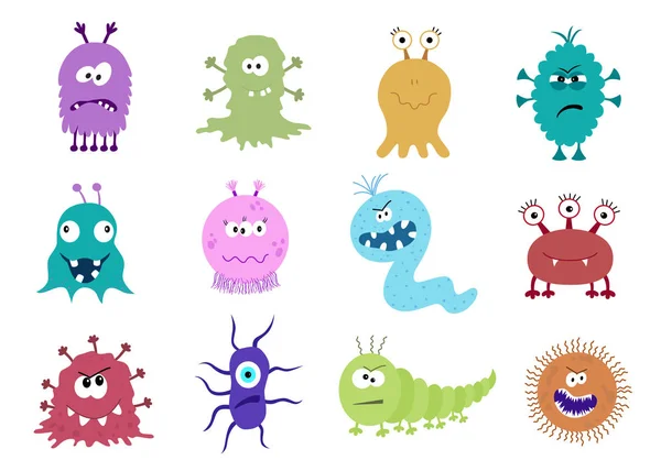 Lustige und beängstigende Bakterien-Cartoon-Figuren isoliert auf weiß. — Stockvektor