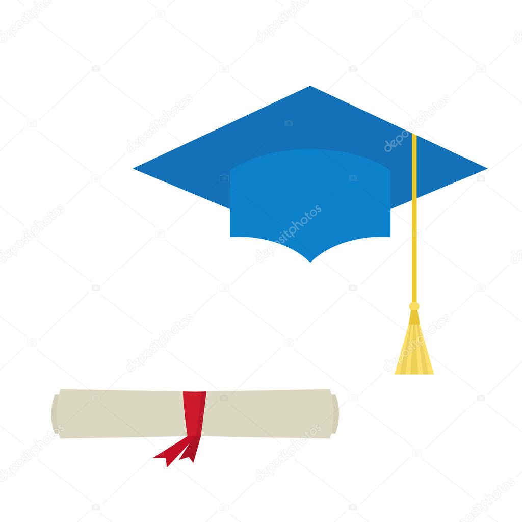 Blue  graduation  cap and diploma  scroll  isolated on white.