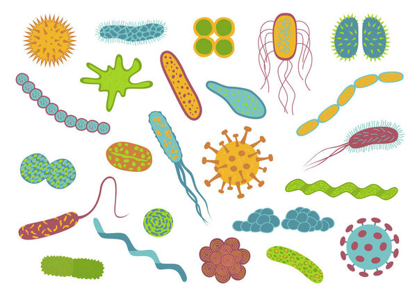 Flat design germs and bacteria icons set  isolated on white back