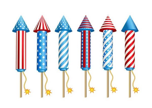 Fuochi d'artificio razzi in colori bandiera nazionale americana . — Vettoriale Stock