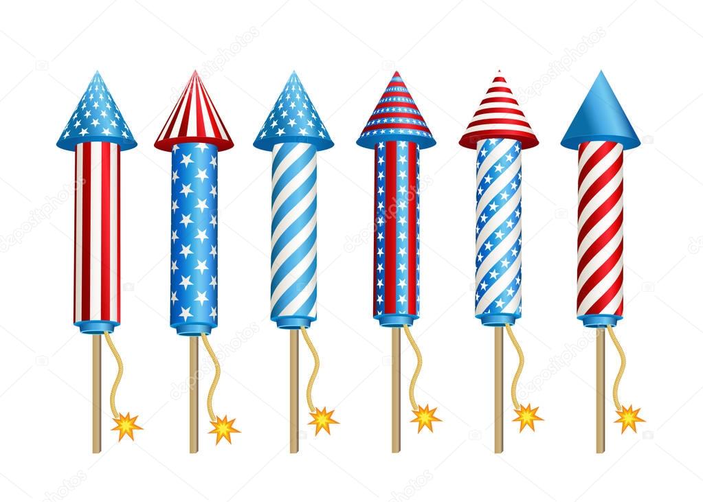 Firework  rockets  in  American  national  flag  colors.