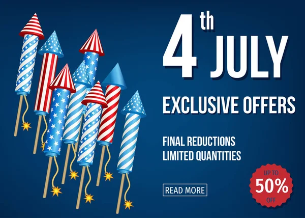 4 juli exklusiva erbjudanden banner med fyrverkeri raketer — Stock vektor