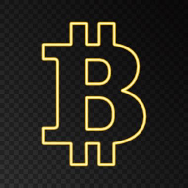 Altın neon bitcoin sembol siyah arka plan üzerine izole.
