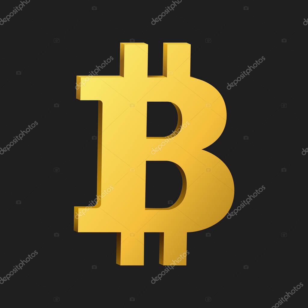 Golden  bitcoin  symbol isolated on black background. Digital money,  mining  technology concept.  Gold crypto currency logo.  Vector icon.
