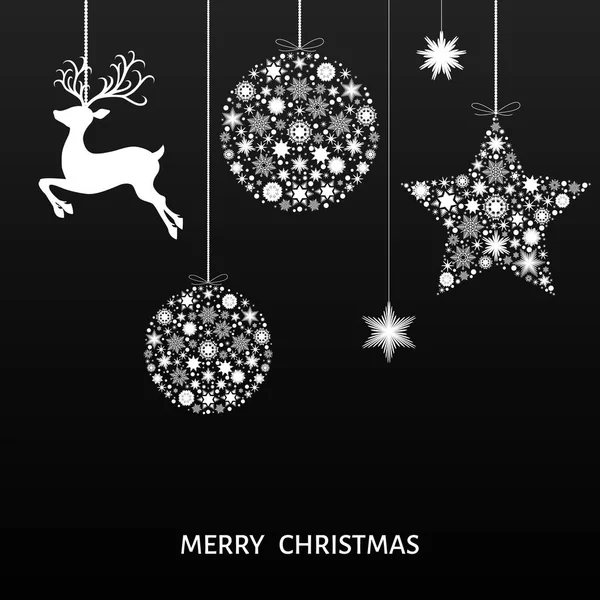 Bola blanca de Navidad, renos y copos de nieve sobre fondo negro . — Vector de stock