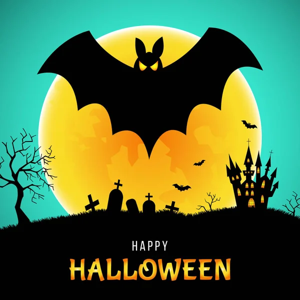 Yarasa, kale ve ay ile mutlu Cadılar Bayramı tebrik kartı.