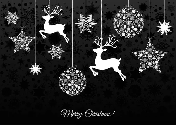 Weihnachtskugel, Rentiere und Schneeflocken auf schwarzem Hintergrund. — Stockvektor