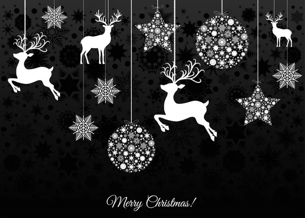 Рождественская открытка с мячами, оленями и снежинками . — стоковый вектор