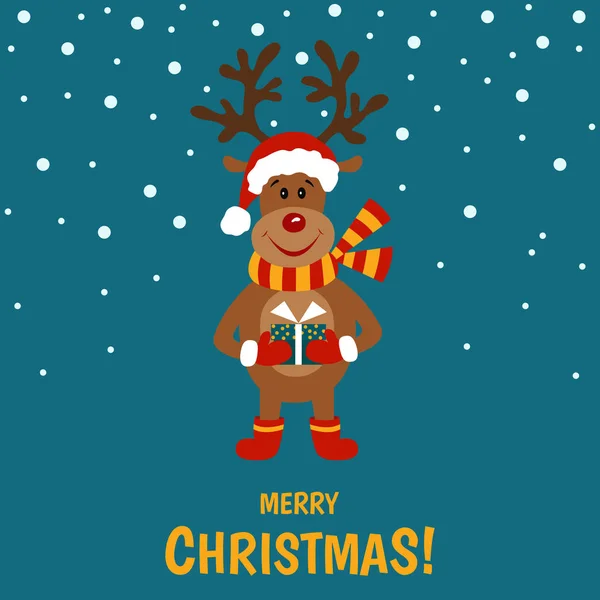 Christmas  cute cartoon  reindeer with gift box. — Stock Vector