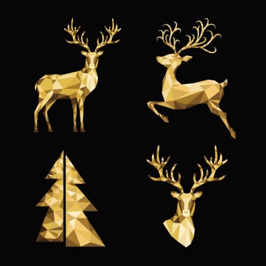 Noel poligonal altın Ren geyiği ve Xmas ağacı siyah arka