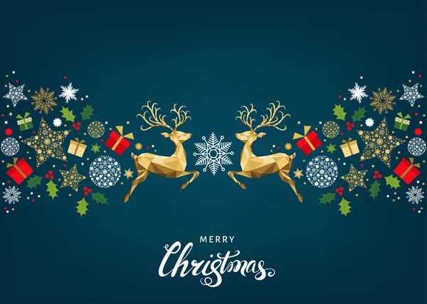 Noel desen yazı ve altın Xmas geyik ve snowfla ile — Stok Vektör