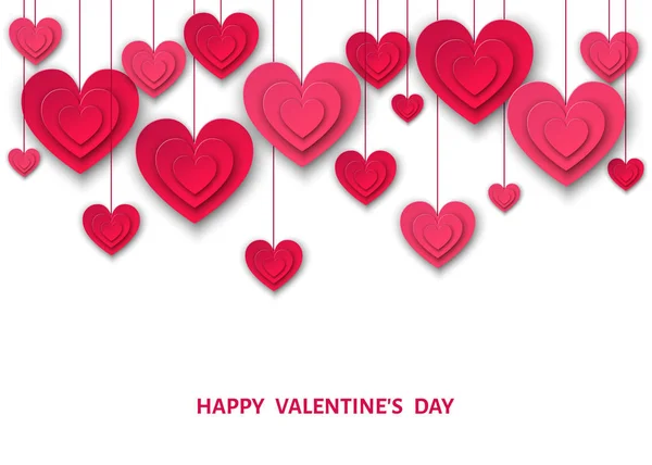 Fondo del día de San Valentín con corazones de papel de corte rosa colgantes . — Vector de stock