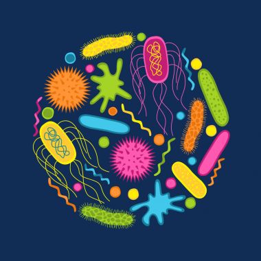 Renkli mikrop ve bakteri simgeler üzerinde izole mavi backgro ayarla
