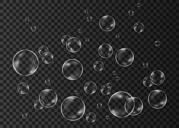 Pod vodou šumící bubliny kyslíku na průhledném pozadí. — Stockový vektor