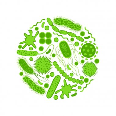 Beyaz arka plan üzerinde izole yeşil mikrop ve bakteri Icons set
