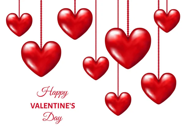 Valentines day  background with  hanging  realistic 3d  red  hea — Stock Vector