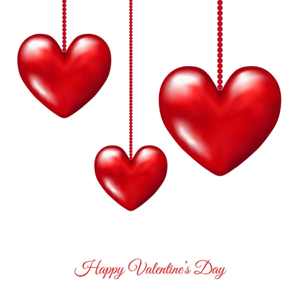 Tarjeta de San Valentín con colgar realistas corazones rojos 3d . — Vector de stock