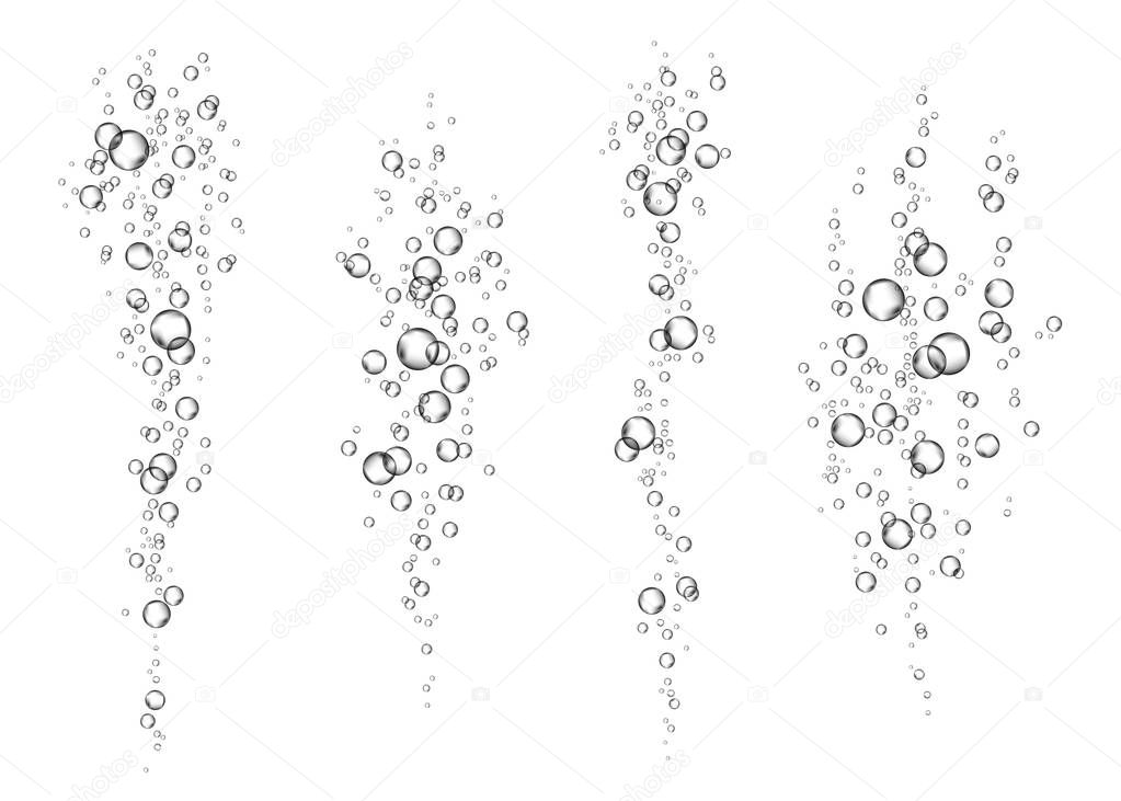 Underwater fizzing air transparent  bubbles  stream on white  ba