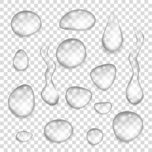 Set van transparante grijze druppels van puur helder water. — Stockvector