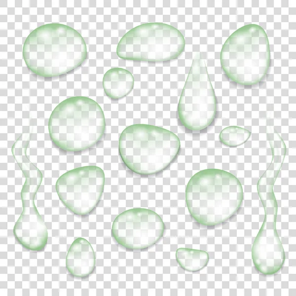 Set of  transparent  green drops of pure clear water. — Stock Vector