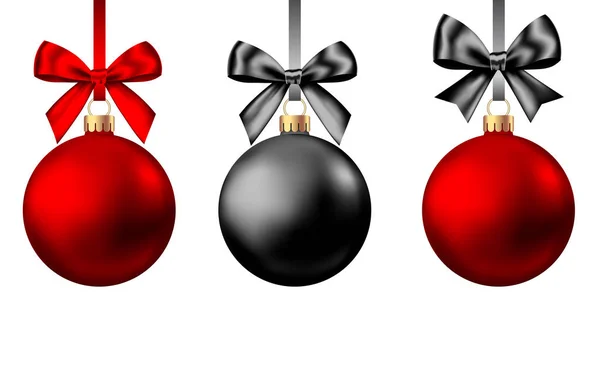 Boules de Noël réalistes rouges et noires avec arc et ruban . — Image vectorielle