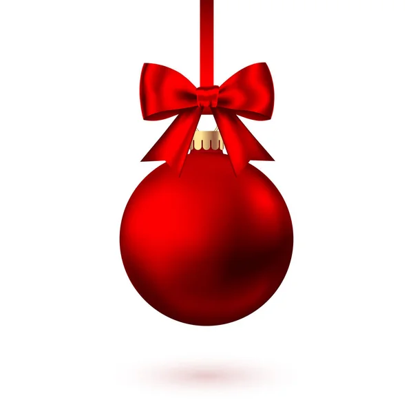 Boule de Noël rouge réaliste avec arc et ruban . — Image vectorielle