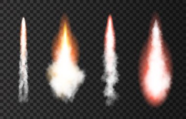 Uzay roketinden çıkan alev ve duman. Saydam arkaplanda ateş, kuyruklu yıldız ya da meteor. Uzay gemisi kalkıyor. Uçak pisti ya da gemi yolu. Vektör ışık efekti.