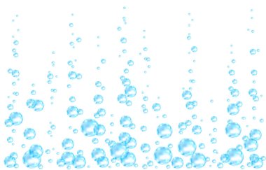 Su altında hava, su ya da oksijen kabarcıkları beyaz zemin üzerinde. Fışkırtıcı bir içecek. Deniz kıvılcımları, akvaryum. - Şampanya. Gazoz. Denizaltı vektör dokusu.