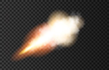 Uzay roketinden çıkan alev ve duman. Saydam arkaplanda ateş, kuyruklu yıldız ya da meteor. Uzay gemisi kalkıyor. Uçak pisti ya da gemi yolu. Vektör ışık efekti.