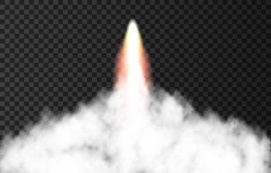Uzay roketinden çıkan alev ve duman. Saydam arkaplanda ateş, kuyruklu yıldız ya da meteor. Uzay gemisi kalkıyor. Uçak pisti ya da gemi yolu. Vektör ışık efekti.