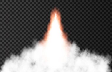 Uzay roketinden çıkan alev ve duman. Saydam arkaplanda ateş, kuyruklu yıldız ya da meteor. Uzay gemisi kalkıyor. Uçak pisti ya da gemi yolu. Vektör ışık efekti.