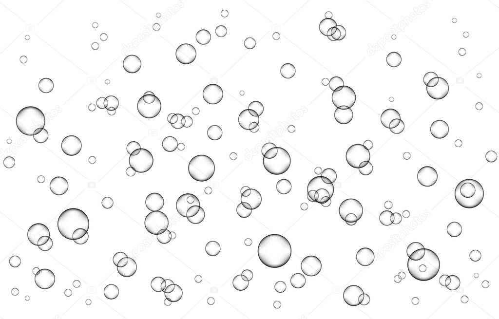 Underwater fizzing air, water or oxygen  bubbles on white  background. Effervescent drink. Fizzy sparkles in sea, aquarium. Champagne. Soda pop. Undersea vector texture.