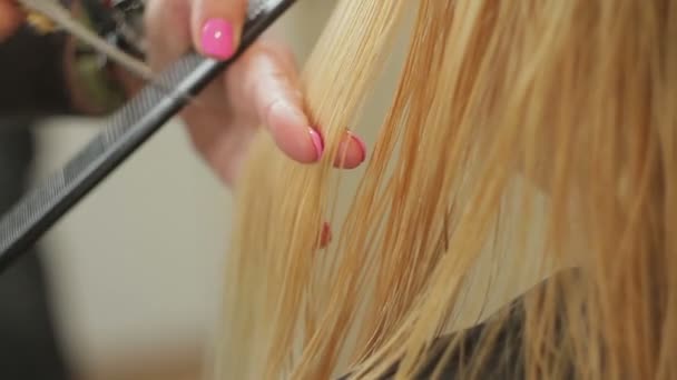 Kadeřnictví nůžky žena má dlouhé blond vlasy. Closeup účes