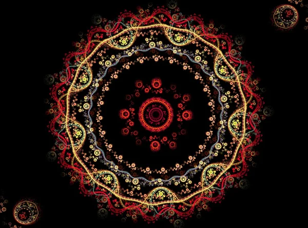Abstrato ornamento amarelo e vermelho fractal em preto — Fotografia de Stock