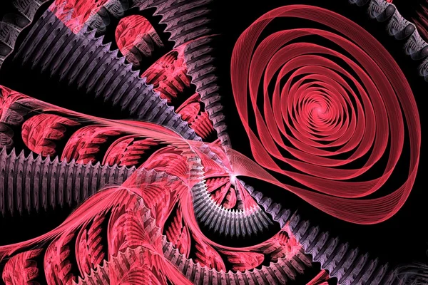 Abstrakcja Fraktal czerwone linie spiralne i krzywe na czarny — Zdjęcie stockowe