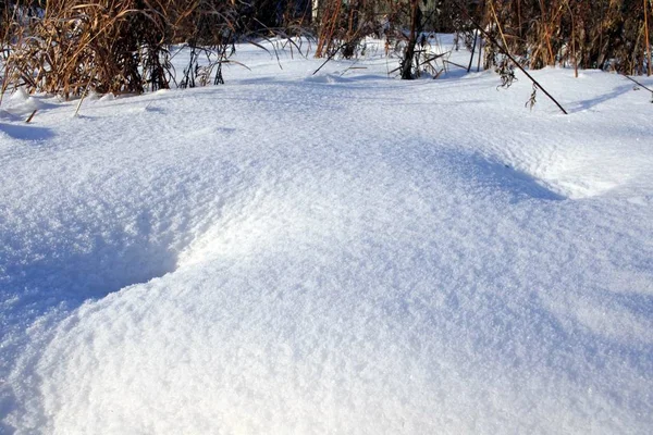 Nieve fresca contra el sol con sombras azules de las huellas — Foto de Stock